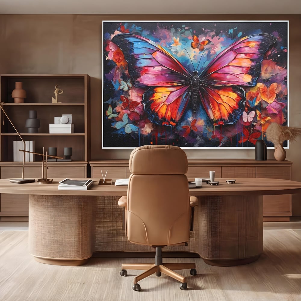 Tablou canvas cu tablou canvas cu fluture central multicolor, in rama de aluminiu argintiu, pe perete intr-un birou